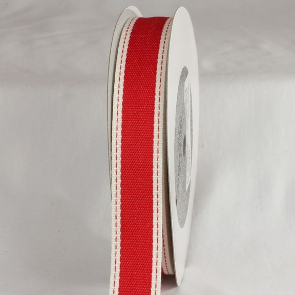 The Ribbon People Red and White Stitch Woven Edge Craft Ribbons 1" x 120 Yards