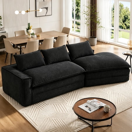 Aukfa 133" Cloud Sectional Sofa Oversized Modular Boneless Couch with Fixed Frame, Deep Seat Chenille Couch for Living Room, Black