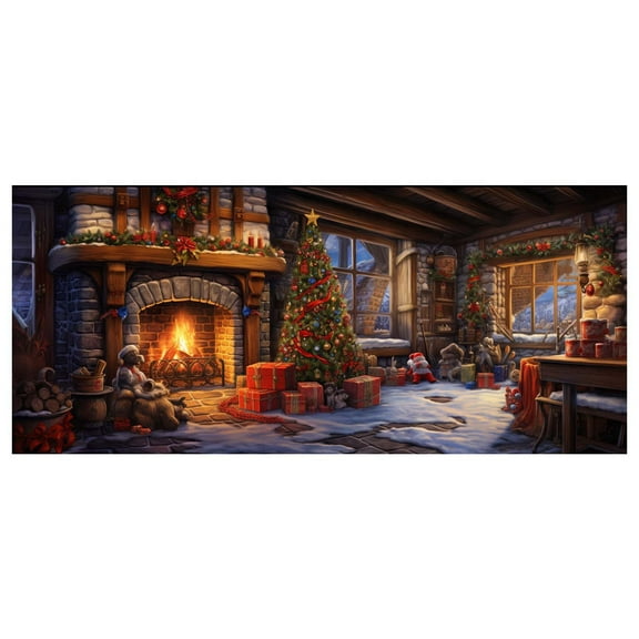 Christmas Garage Background Cloth Banner with Fireplace – Holiday Door Decoration Mural for Outdoor Indoor Use Available for Xmas Party,A
