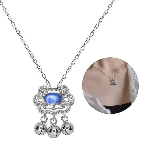 Bijoux pour Femmes Pendentif Verrou de Prolongation de Vie Collier Petite Cloche Pierre de Lune Bleue Chaîne de Clavicule