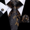 thumbnail image 3 of Hi-Tie Mens Black Gold Tie and Handkerchief Set Silk Floral Necktie Pocket Square Cuff-links Sets Wedding Business Holiday, 3 of 7