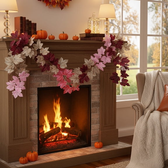 Moocorvic Fall Maple Leaf Garland Thanksgiving Decoration, 5.64ft Hanging Fireplace Front Door Wall Table Christmas Decoration