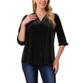 thumbnail image 1 of INSPIRAR CHIC Blusas de Terciopelo para Mujeres con Cuello en V, Manga 3/4, Tendencia Casual de Otoño Invierno, Blusa Suelta, Camiseta M Negra, 1 of 6