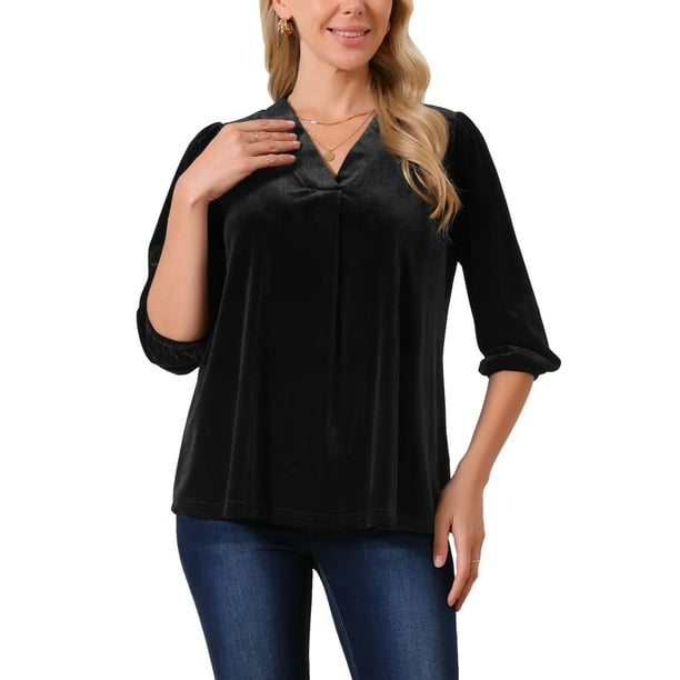 INSPIRAR CHIC Blusas de Terciopelo para Mujeres con Cuello en V, Manga 3/4, Tendencia Casual de Otoño Invierno, Blusa Suelta, Camiseta M Negra