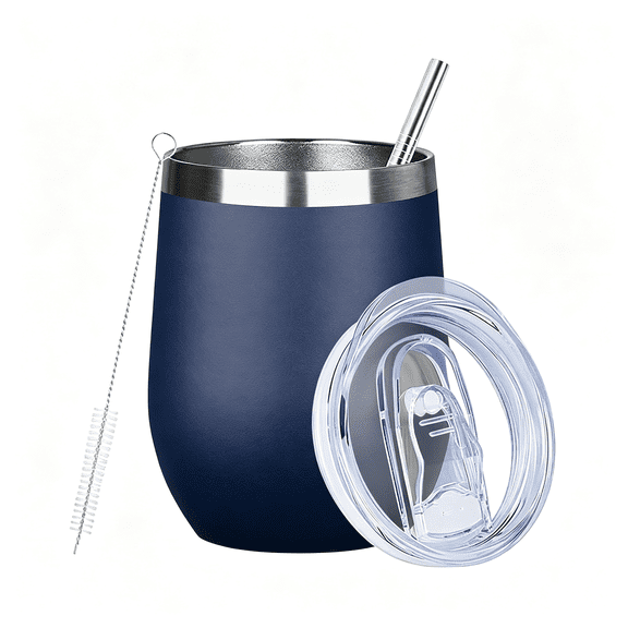 BPPEG 12 Oz Insulated Wine Tumbler with Lid Wine Glass Coffee Cup(Navy,1) | Double Wall Vacuum Stainless Steel Small Coffee Mug,Leakproof Metal Insulated Tumbler Cup for Champaign,Cocktail,Beer