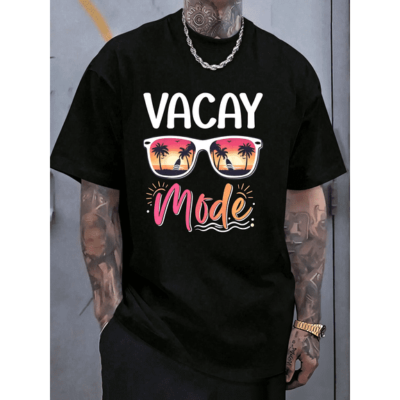 Vacay Mode Tropical Sunset Palm Tree Sunglasses Graphic T-Shirt, Summer Beach Vacation Travel Holiday Casual Short Sleeve Tee For Men & Women