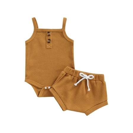 

Canrulo Newborn Baby Boy Waffle Knit Outfits Sleeveless Tank Romper Bodysuit Jogger Shorts 2Pcs Summer Clothes Khaki 0-3 Months