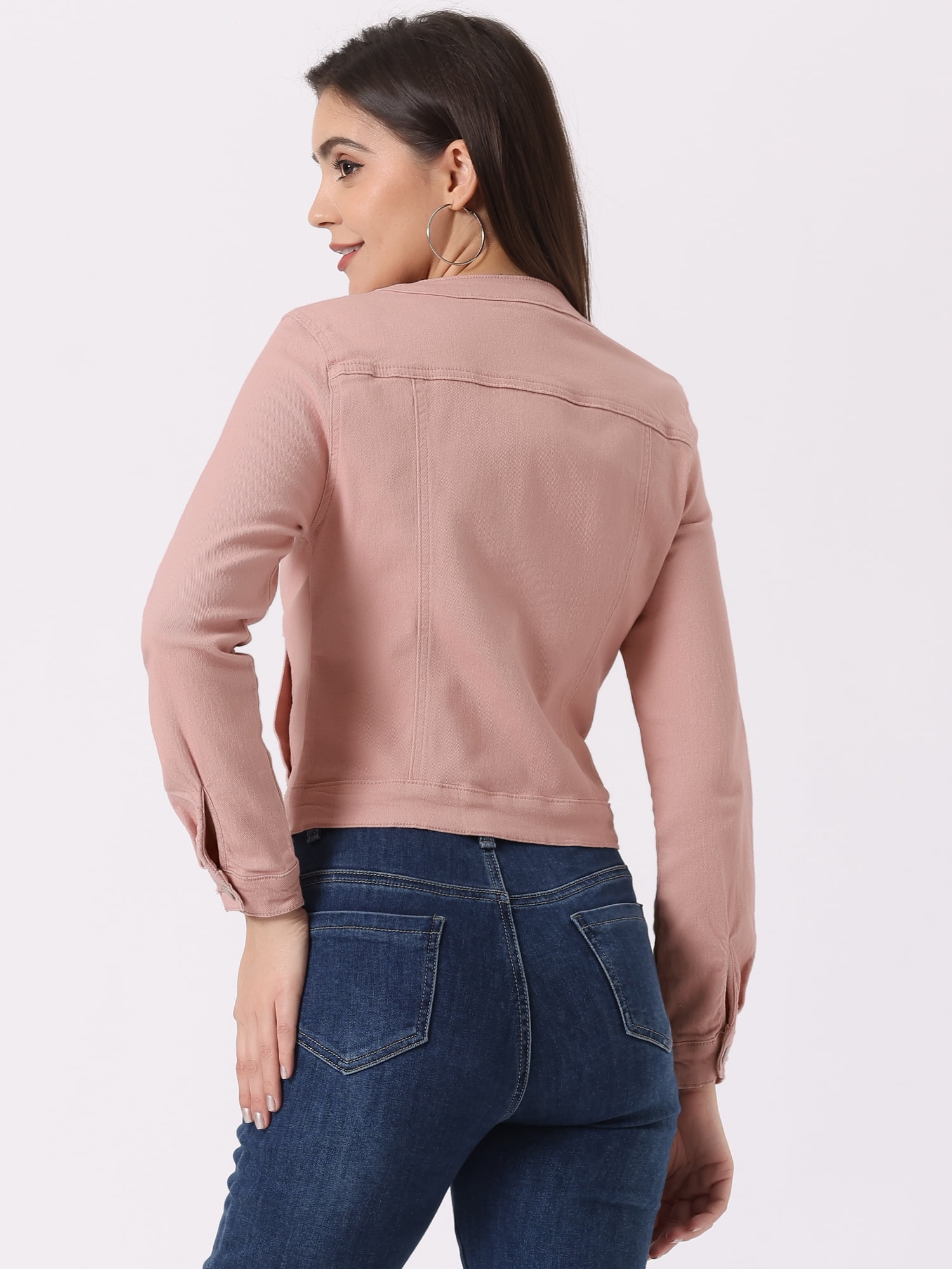 DARING DIVA Women's Button Down Collarless Cropped Denim Jacket L Dusty Pink