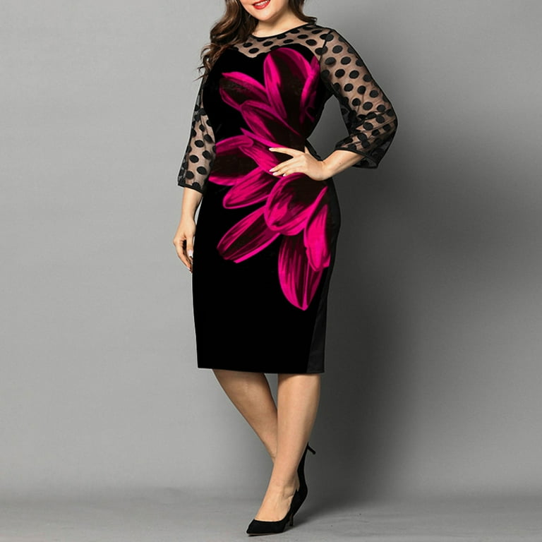 QUYUON Women s Plus Size Midi Dress Floral Lace Mesh 3 4 Sleeve