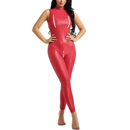 ALSLIAO Womens Wet Look Zip Faux Leather Bodysuit Leotard Lingerie Jumpsuit Sexy Romper Red L
