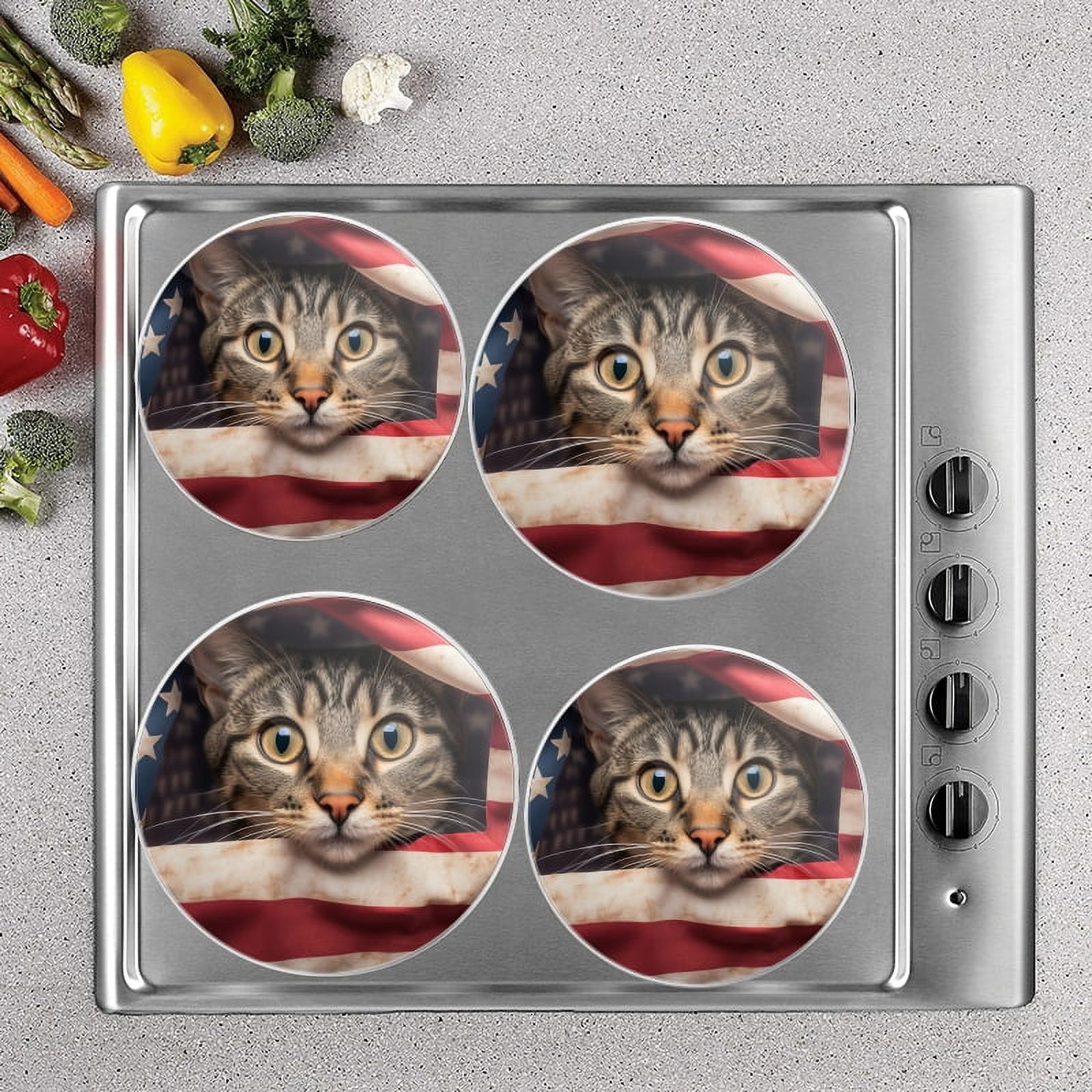 Bahomeck Electric Stove Burner Covers Set Of 4,Tabby Cat Peeks Out From Behind American Flag Metal Gas Stove Burner Covers,Protecting Gas Stoves,8 Inch And 10 Inch