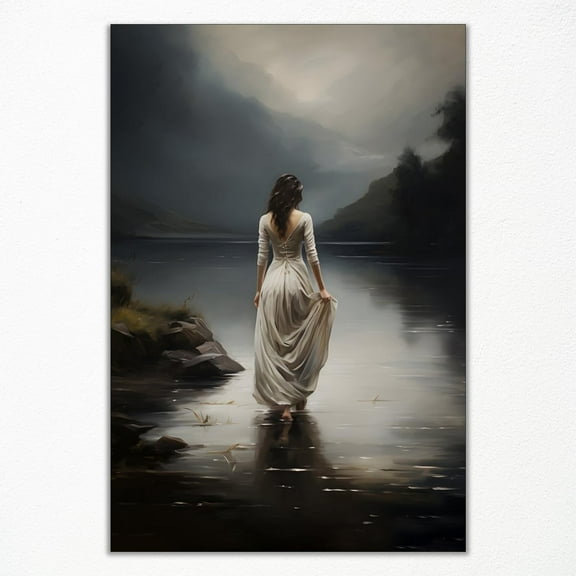 Dark Academia Print Canvas, Moody Victorian Wall Art, Witch Walking Into The Lake Painting, Gothic Woman Dark Wall Art, Halloween Aesthetic Poster for Wall 16x24in Unframed