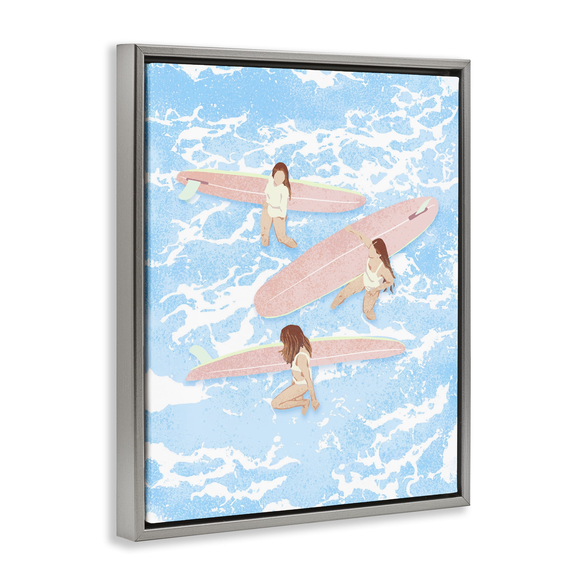 Surfing Girls Trio Gray Framed Floater Canvas Wall Art, design by Ziwei Li