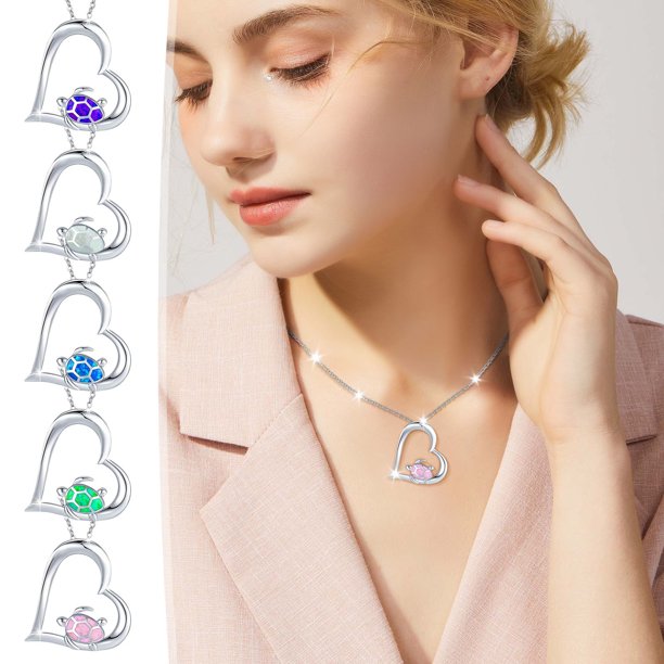 Fiudx Collar de Corazón, Coltación de Piedra y Nacimiento, Joyería de Plata y Ley de Mujer, Cómoda de Tortuga, Acete de Gota Agradable de La Piel, Regalo de San Valentín, para Mamá, Esposa y Novia, L