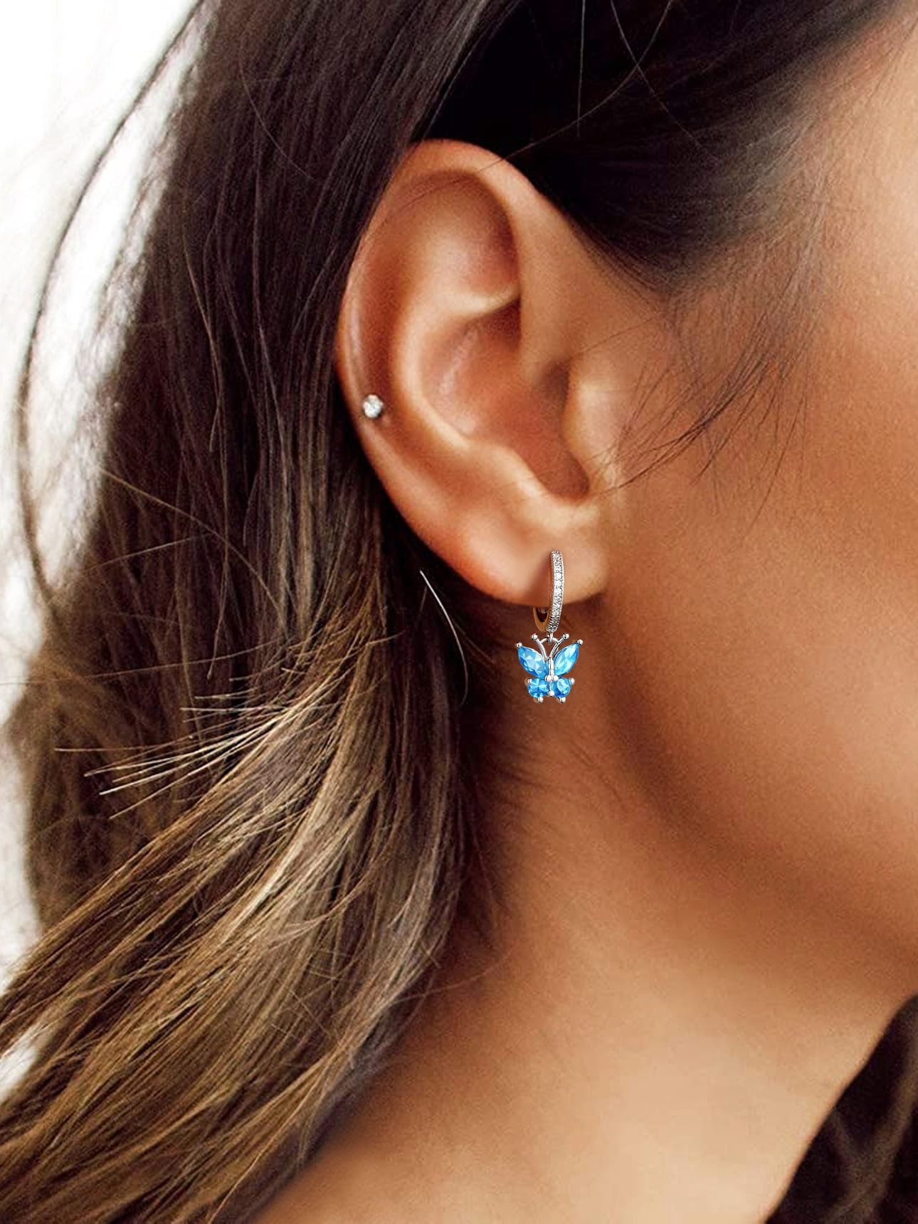 Bestyle Women Pure 925 Sterling Silver Hoop Earrings Synthetic Topaz Butterfly Birthstone Earrings for Sensitive Ear Christmas Birthday Gifts
