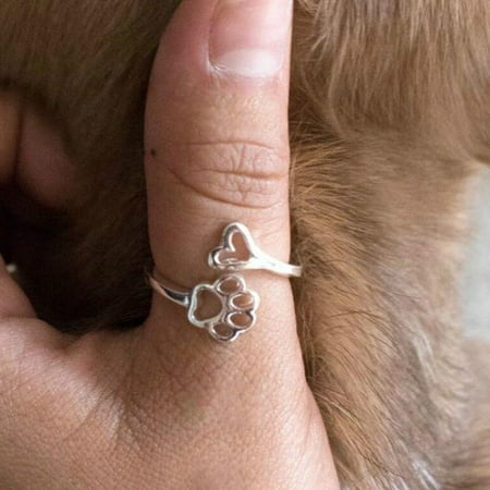 - Beauty Hollow Paw Print Love Heart Ring Open Adjustable Ring Pet Animal Jewelry