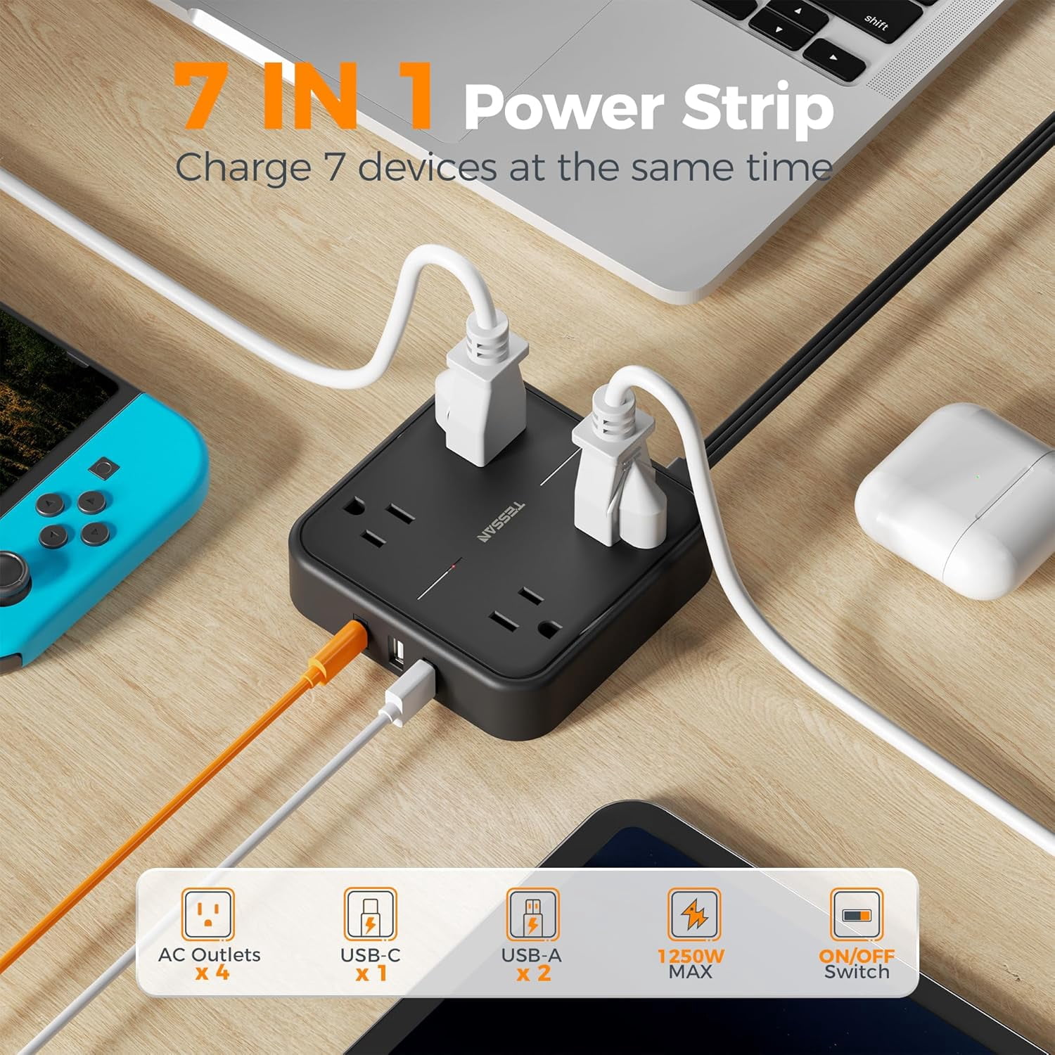 YUNZII Surge Protector Flat Extension Cord 5FT,4 Outlets 3 USB Ports, 900 Joules, Black
