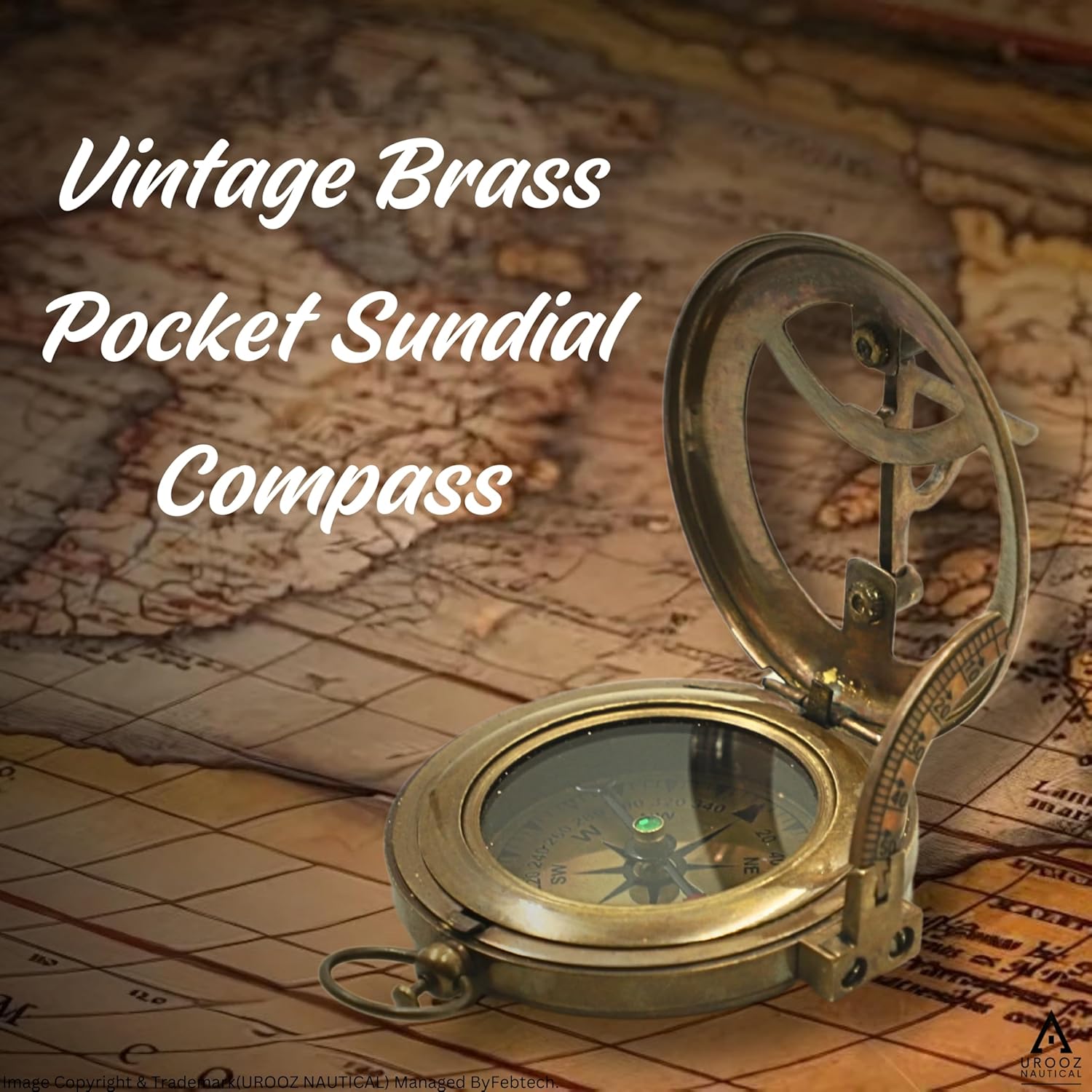 Nautical Sundial Pocket Compass with Leather Case | Compass for Camping, Hiking, Touring - Engraved Gift for Him - Nautical Ship Replica Watch - Sundial Clock in Box