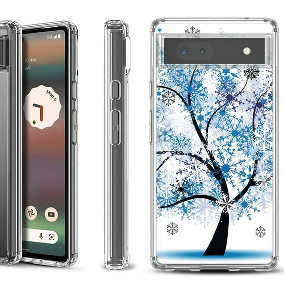 Shockproof Bumper Phone Case for Google Pixel 6a, by OneToughShield ® - Snowflakes Tree