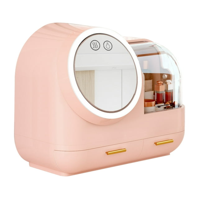 Multifunctional LED Makeup Organizer with 360° Rotating Mirror, Soft Wind Fan & 3 Light Modes - Large Capacity Dustproof Cosmetic Storage Box, USB Rechargeable, Premium PS Material - Ideal for