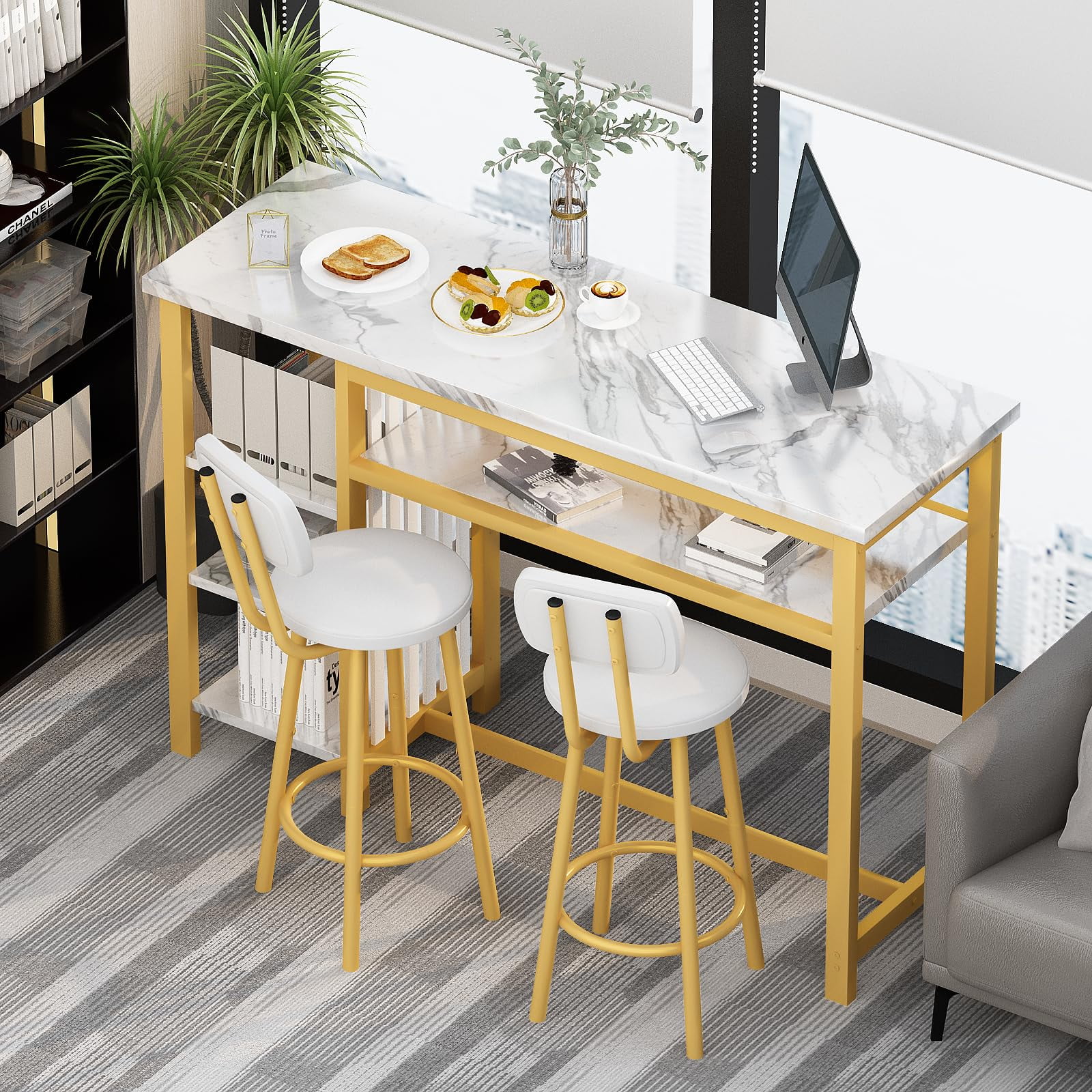 Lamerge Bar Dining Table Set for 2, 3 Piece Bar Table and Chairs Set, Kitchen Counter Height Dining Table Set, Small Kitchen Bar Table with Storage, Breakfast Nook Set for Small Space, White+Gold