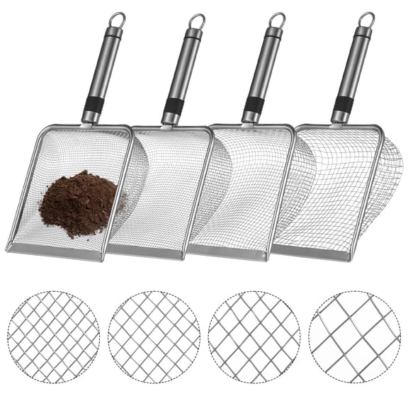 Stainless steel Soil Screen Shovel Set - 4 Size Mesh Garden Sieves with Ergonomic Handles & Hanging Loops | Garden Sifters for Compost, Dirts, Sand & Rock Screening (0.08"/0.11"/0.18"/0.2" Mesh)
