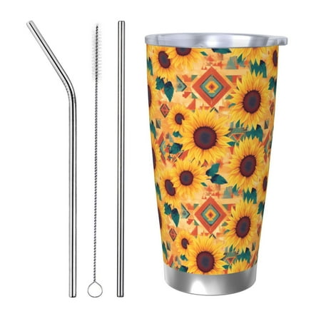 

Lukts Bohemian Sunflower for 20OZ Car Cup Stainless Steel Direct Drinking Straw Thermos Cup Suitable for Office Travel and Car-Straw Three-piece Set