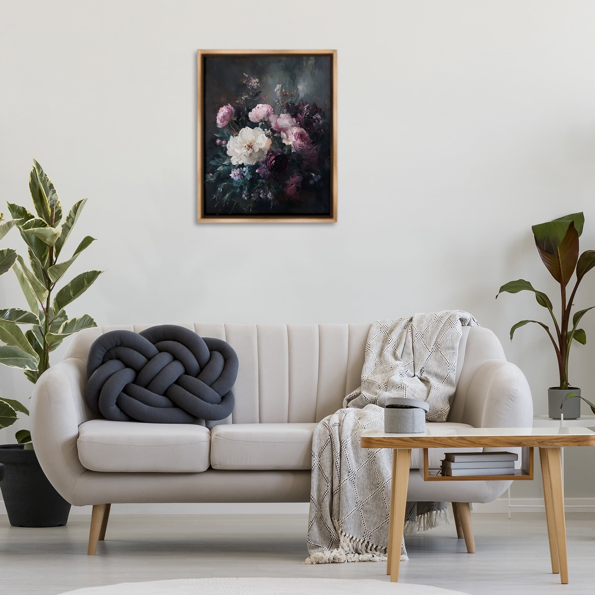 Stupell Industries Vintage Dark Blossoms Plants & Flowers Painting Brown Floater Framed Canvas Art Print Wall Art, 25 x 31