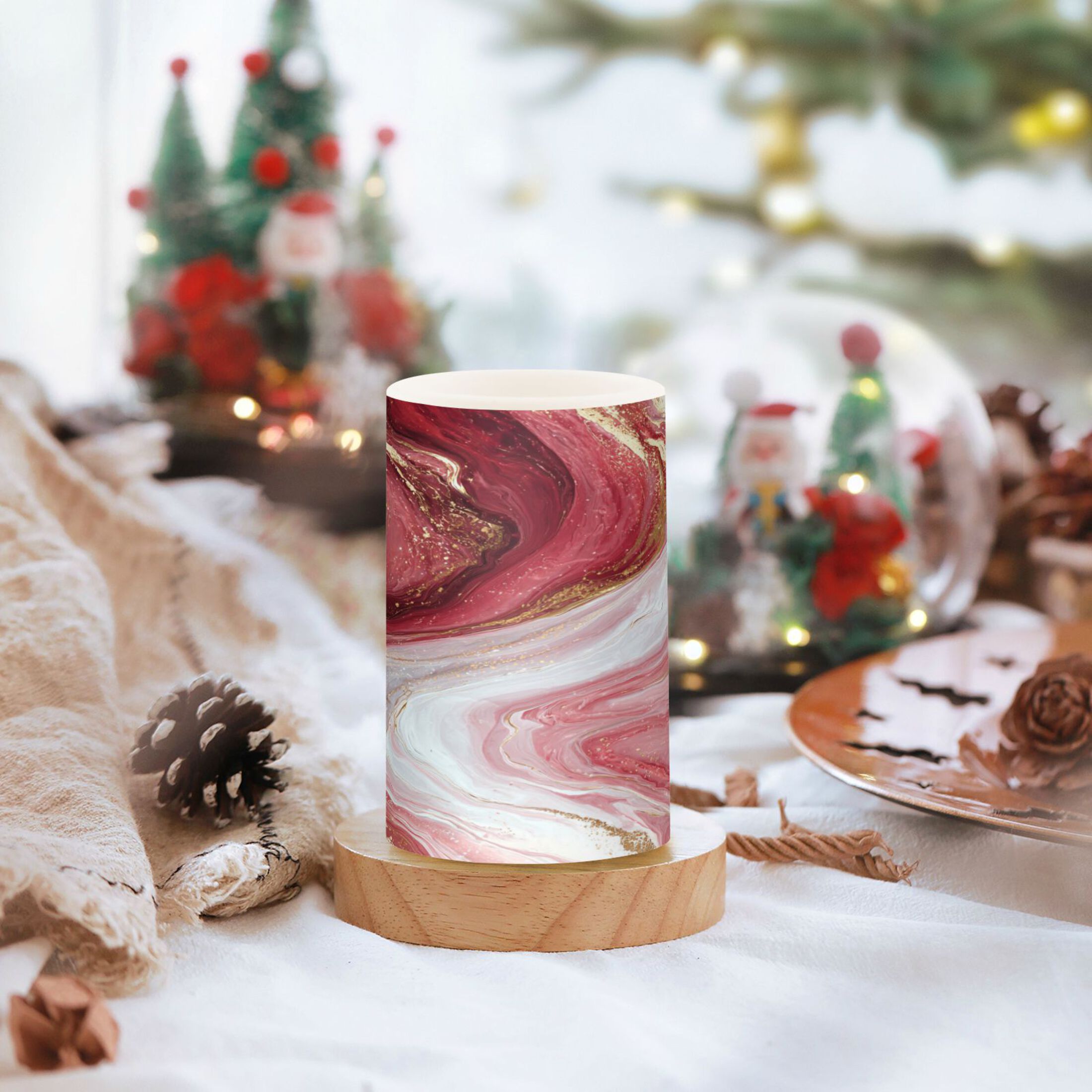 2 PCS LED Flicker Flameless Candle with Remote Control Realistic 3D Wick LED Window Decoration Candle Set for Wedding Table Home Decor Favors Burgundy Marble Flow