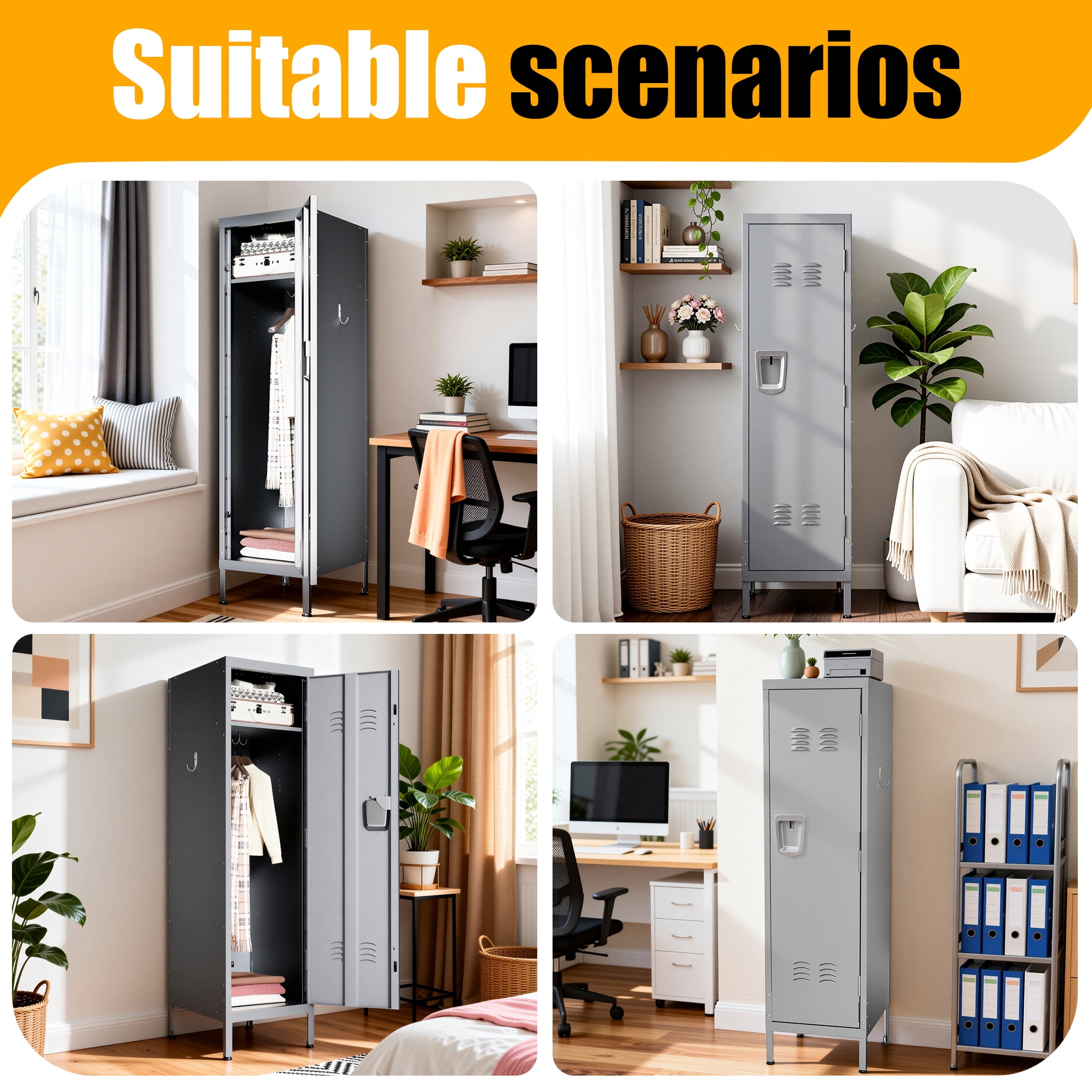 HOQBN 55" Tall Metal Wardrobe Cabinet,Waterproof Steel Clothing Storage Locker with Ventilated Door,Lock & Side Hooks,Vertical Bedroom Wardrobe for Small Apartment Home Office,Gray