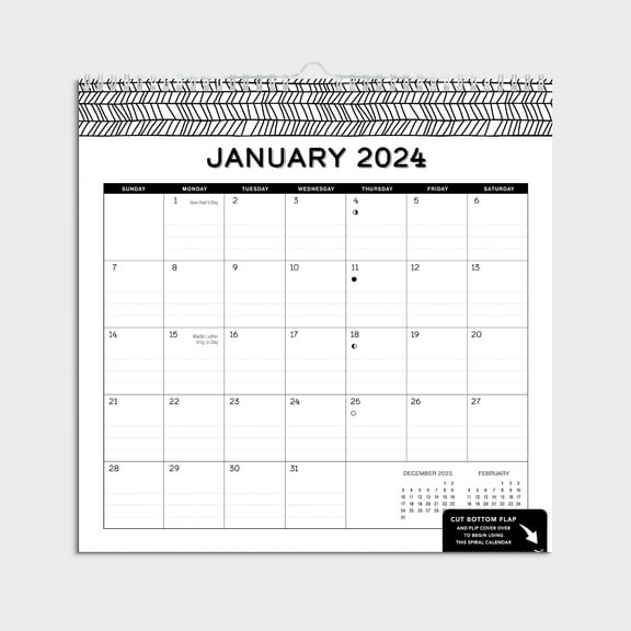 2024- 12 Month Calendar-Black and White Spiral Lines Border-12x12 Spiral bound -by Pen + Gear