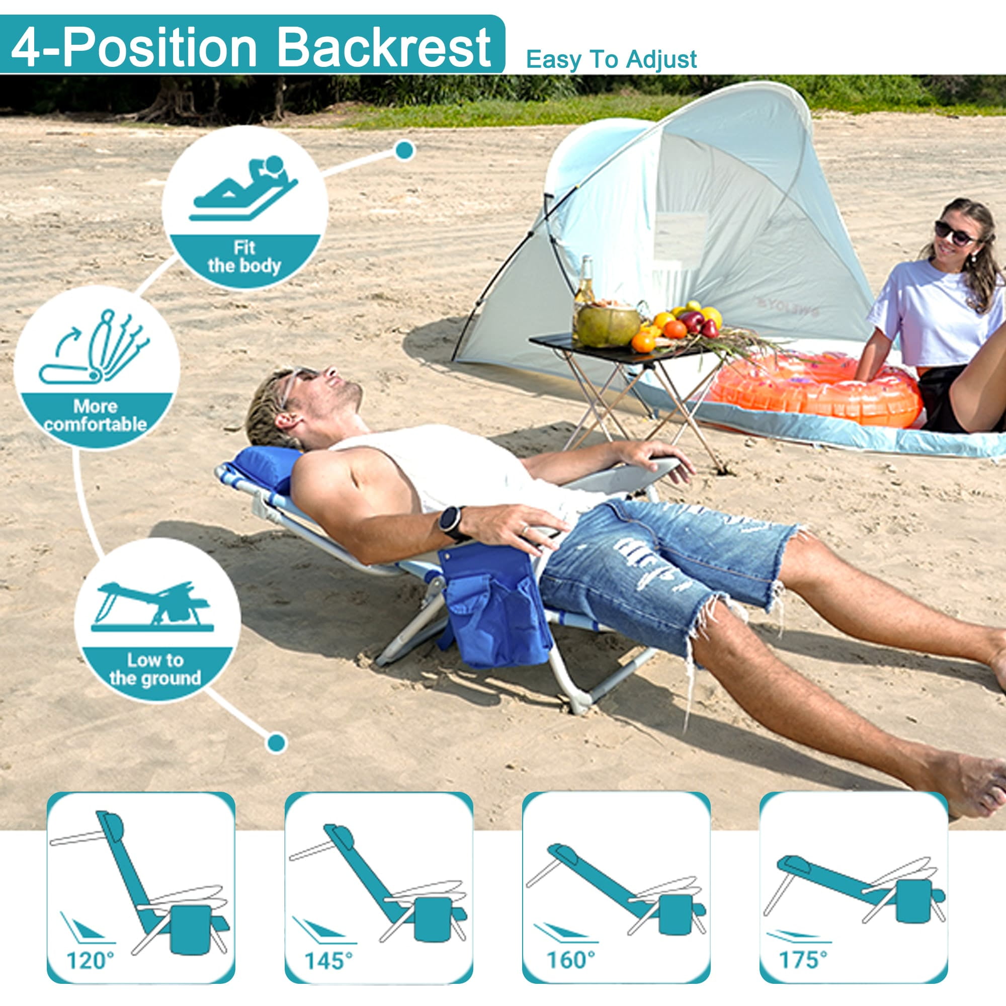 WEJOY Folding Beach Chair Aluminum Lightweight 4 Position Lay Flat