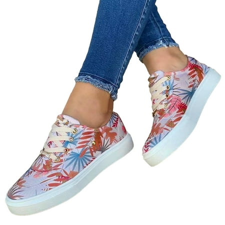 

Fsqjgq Casual Sandals for Women Flat Leisure Women s Four Seasons Flowers Print Non Slip Flat Round Toe Breathable Lace Up Lazy Shoes Mens Height Increasing Casual Shoes Pink 41