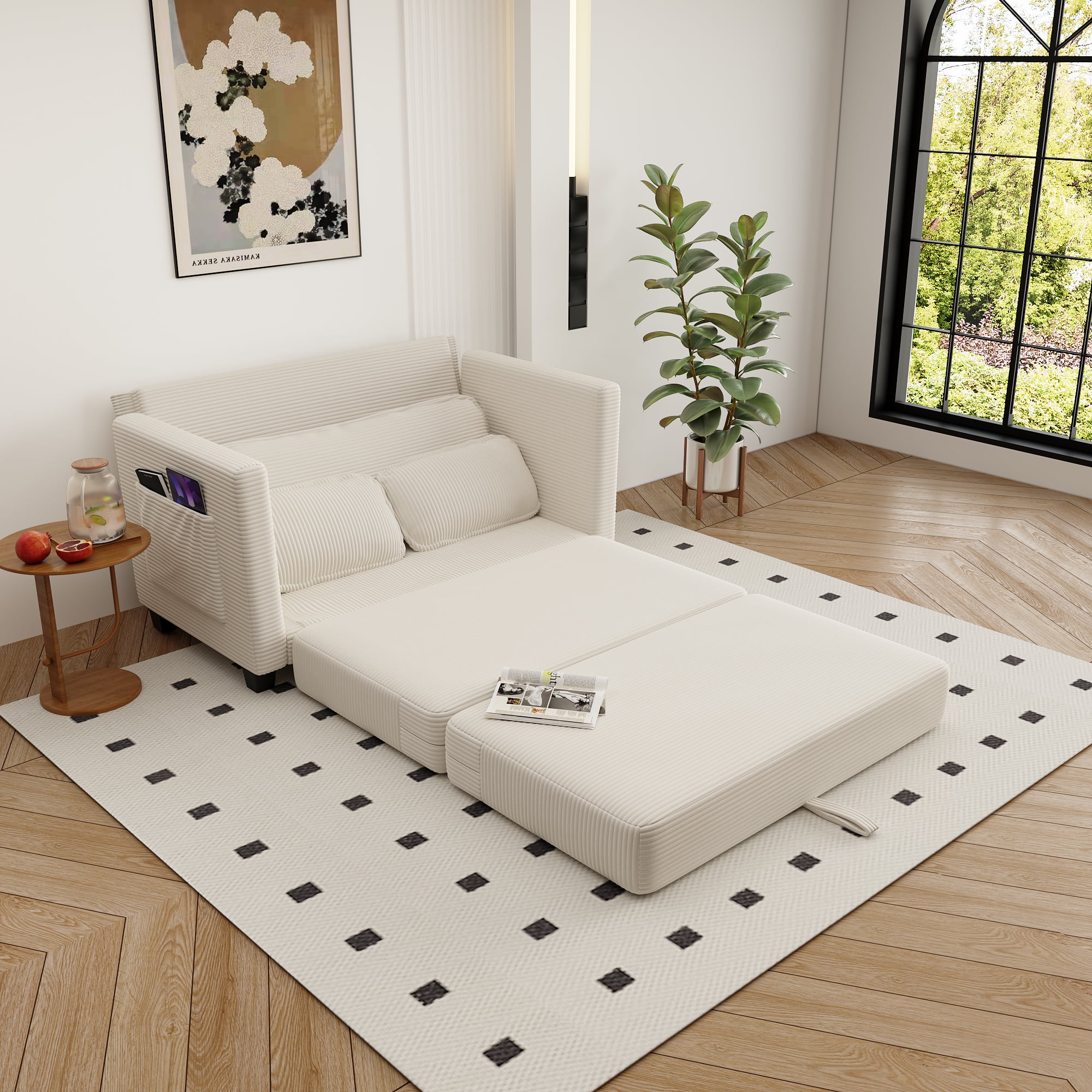 Jopat Convertible Sofa Bed,Corduroy Folding Sofa Bed,Loveseat Sleeper Sofa with Side Storage,Floor Couch for Apartment Living Room Bedroom,Beige