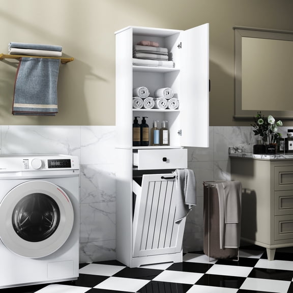Noble House Eira 70.9" Laundry Cabinet, Drawer and Shelf, Pull-Out Hamper with Removable Bags, Slim Tower, White