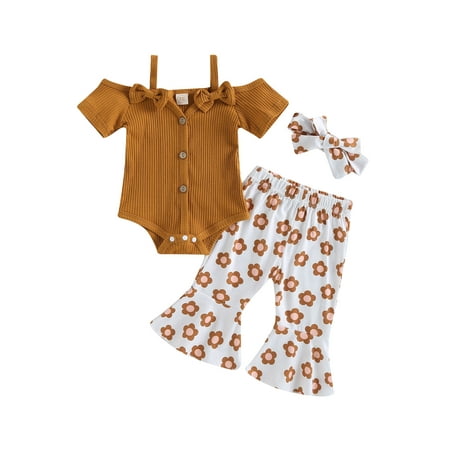 

Toddler Baby Girl 3Pcs Jumpsuits Set Ribbed Romper Button Bodysuit Floral Flare Pants With Headband