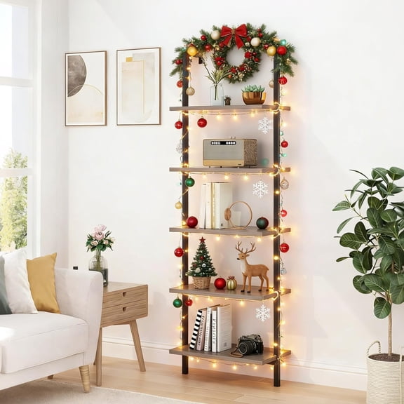 TerraOutfit home Gray 5 Tier Wall Mount Ladder Shelf, Metal Frame Bookcase