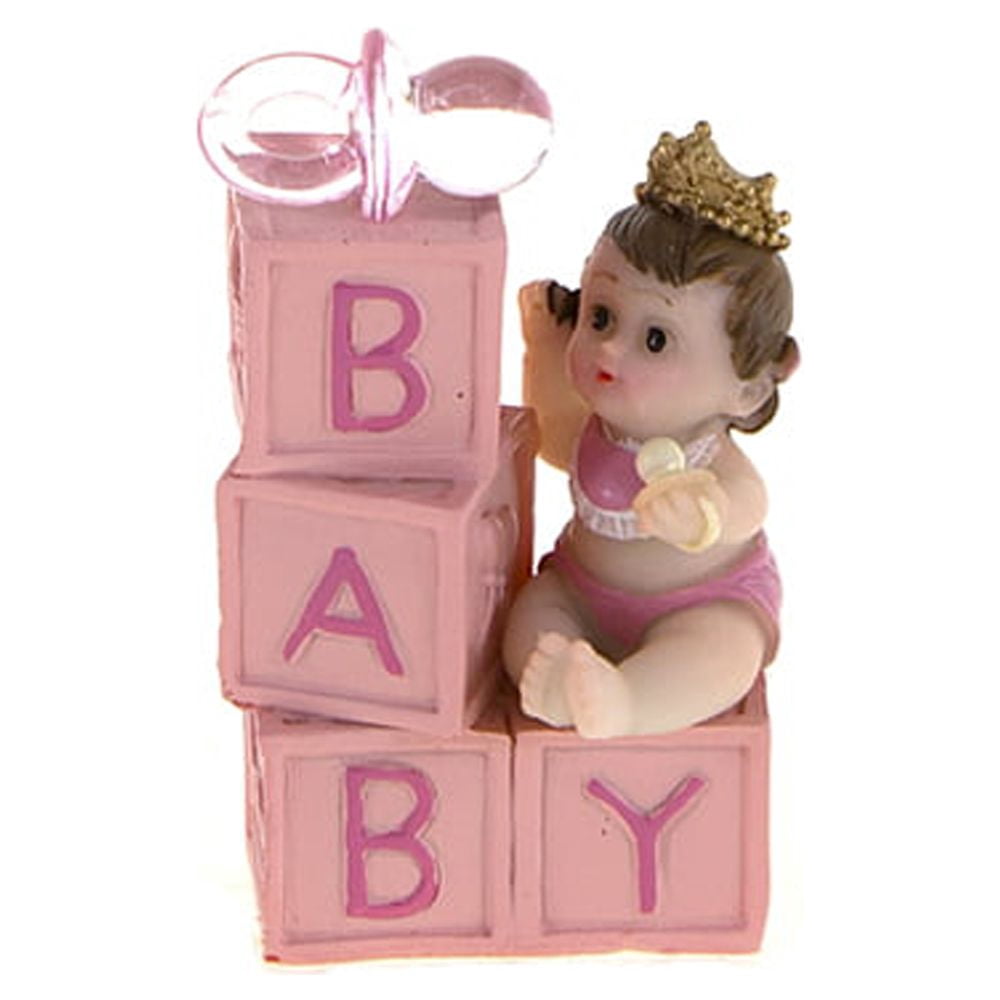 Mega Favors Keepsake Figurine 12 pcs Baby Girl with Crown and Blocks | Awesome Decorations or Party Favors | for Pregnancy Announcements, Gender Reveals, Birthday and Special Celebrations