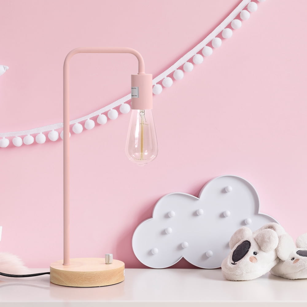 Edison Industrial Table Lamp, Wooden Base with Metal Frame with Rotary Switch - Pink