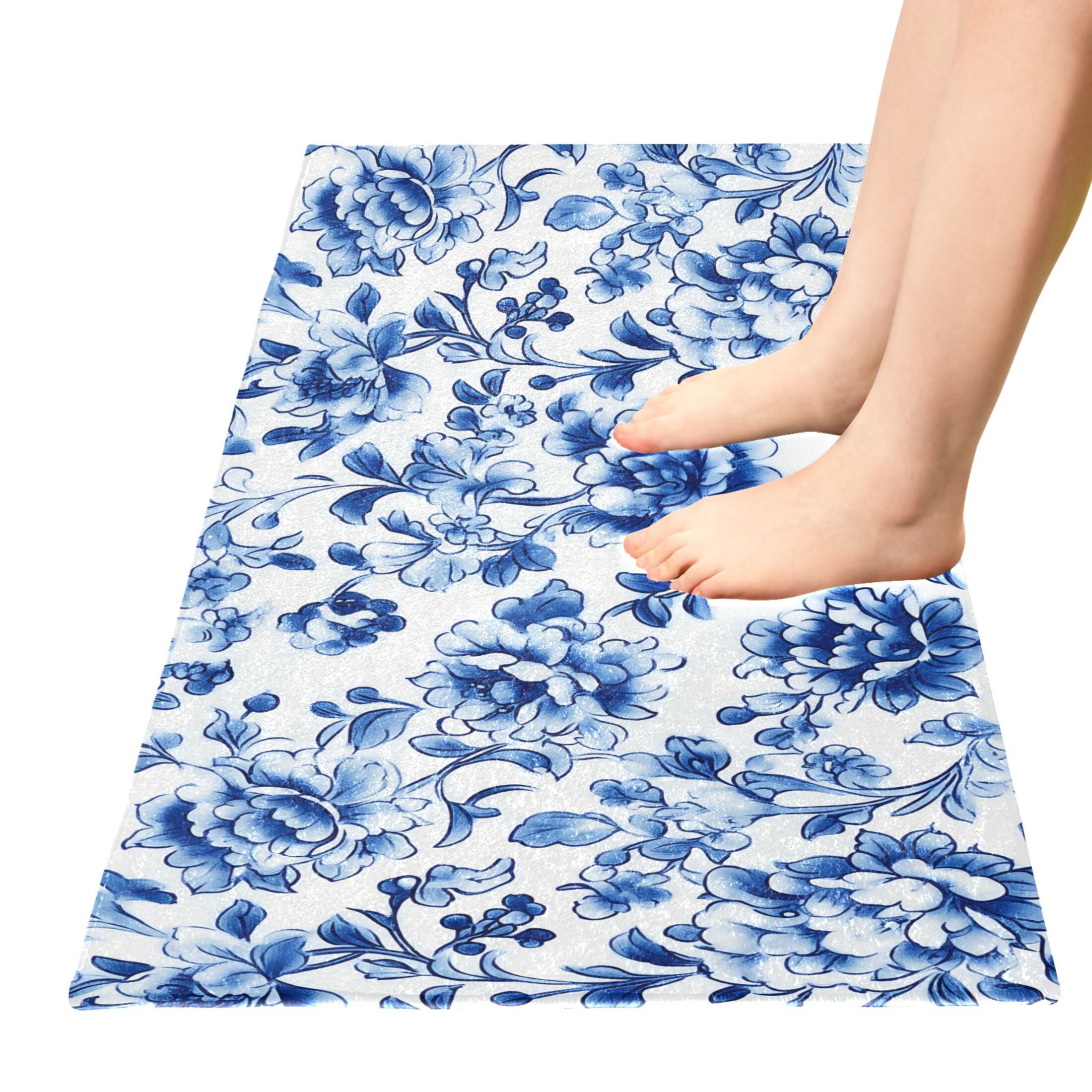 Blue and White Porcelain Floral Bath Mat 39x20 Non-Slip Bathroom Rugs Absorbent Soft Plush Quick Dry for Tub Shower Kitchen Home Decor