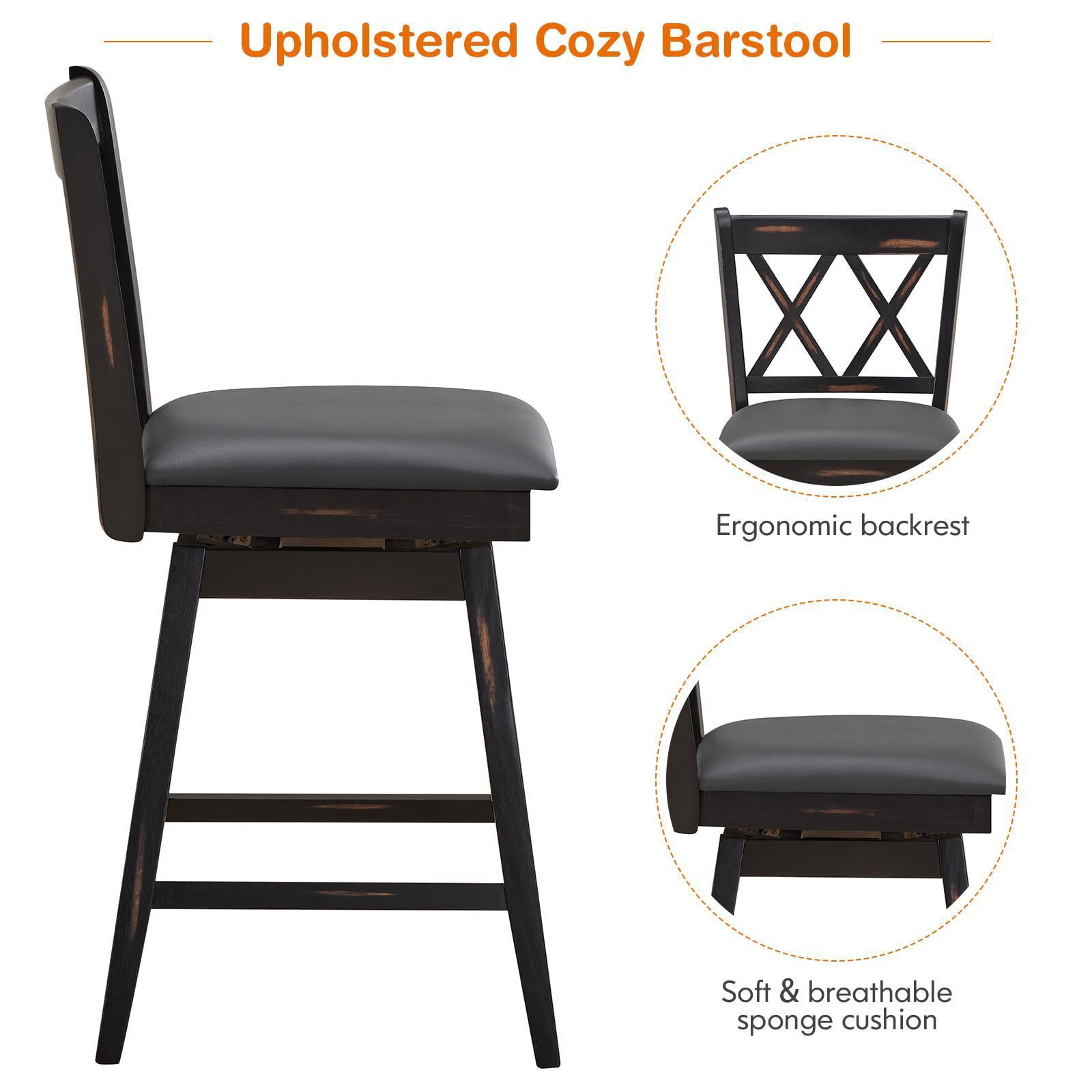 Giantex 24" Counter Height Cushioned Bar Chair, 360° Swivel Farmhouse Barstool w/Ergonomic Backrest, Waterproof PVC Surface & Solid Wood Structure