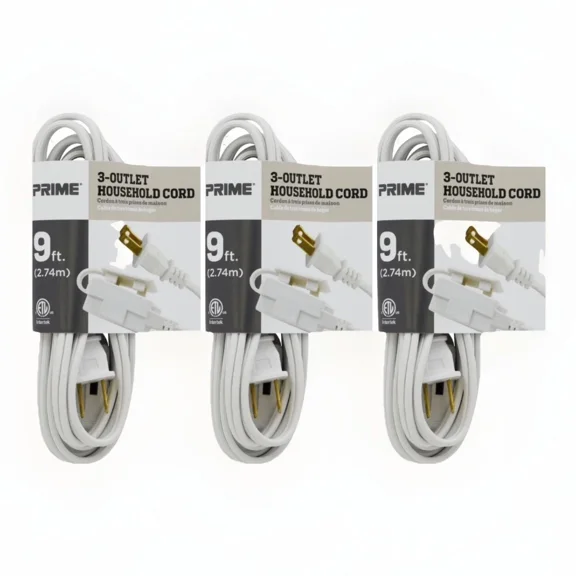 Prime (3-Pack) 9Ft 3-Outlet Extension Cord Cable White, Household Spt-2 16/2