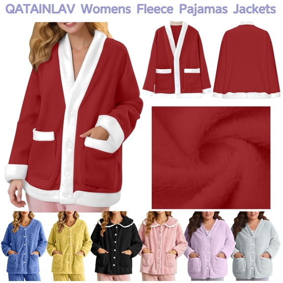 QATAINLAV Womens Fuzzy Fleece Cardigan Sleepwear Button Down Long Sleeve Plush Warm Pajama Tops Winter Flannel Jackets with Pockets, Beige, XL