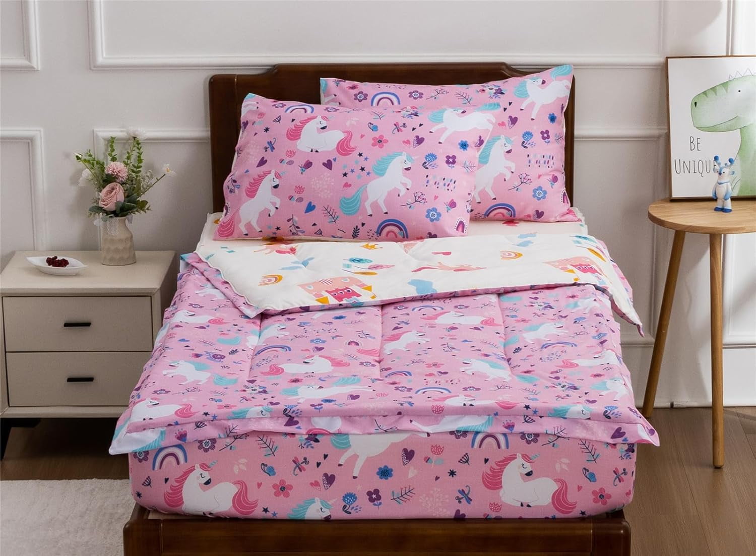 NTBED 3pcs Kids Comforter Sets Zipper Bedding Set for Girls,Twin Kid Bedding Set Rainbow Comforter Unicorn Bedding Set for Kid,All in one Zipper Bedding(Pink，Twin)