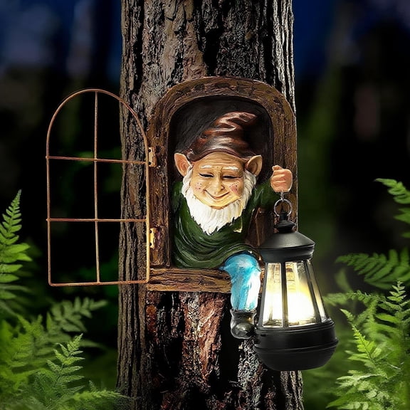 NIWEITA Solar Garden Gnome with LED Lights, Playful Lantern Carrying Peeking From Tree Trunk Resin Statue for Outdoor Garden Yard Porch Decor