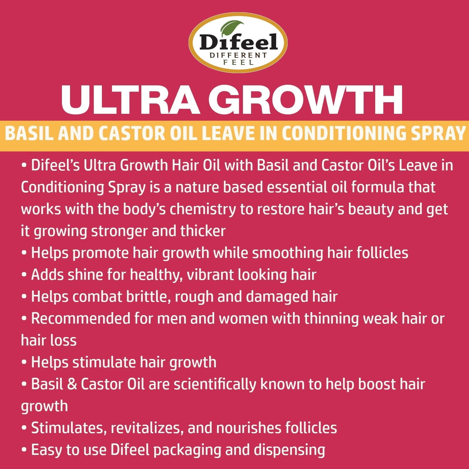 (2 pack) Difeel Ultra Growth Basil & Castor Leave In Conditioning Spray, Hair Loss Treatment Mist, 6 oz