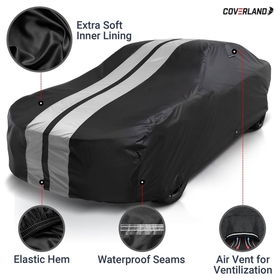 iCarCover Waterproof All Weather Premium Plus Car Cover (200" - 204" L), Stripe - Black & Gray