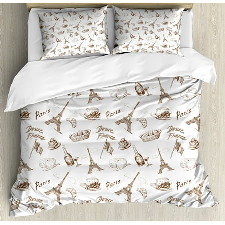 Paris Duvet Cover Set, World Famous Town France Tourist Icons Wine Coffee Cheese Bakery Hand Drawn Print, Decorative Bedding Set with Pillow Shams, Brown White, by