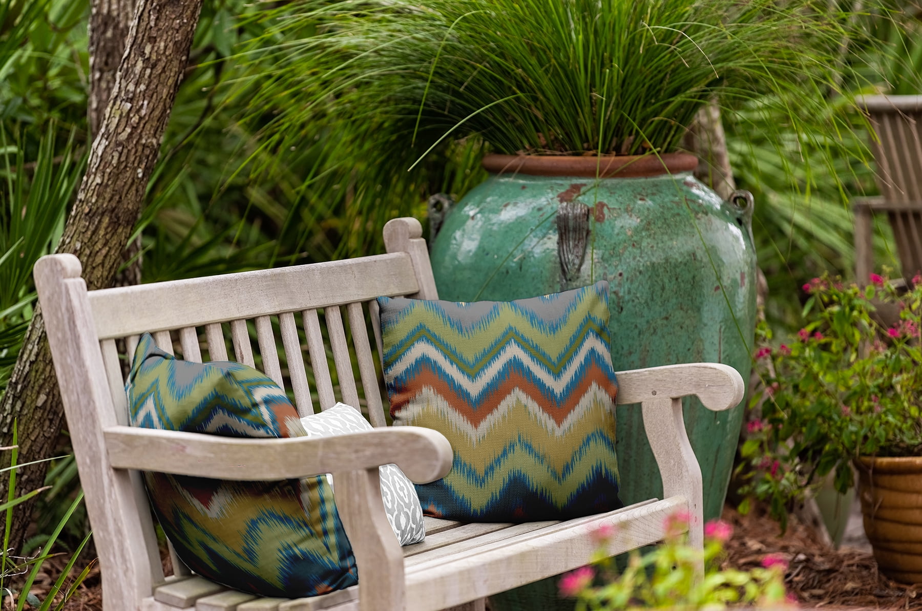 Simply Daisy 16" x 16" Ikat Chevron Indoor/Outdoor Polyester Throw Pillow, Autumn Blue