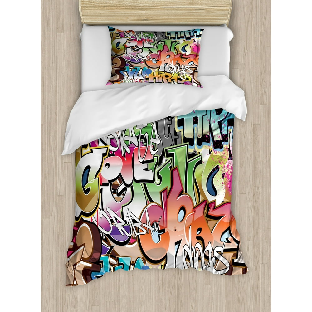 Urban Graffiti Twin Size Duvet Cover Set, Blockbuster Style Graffiti